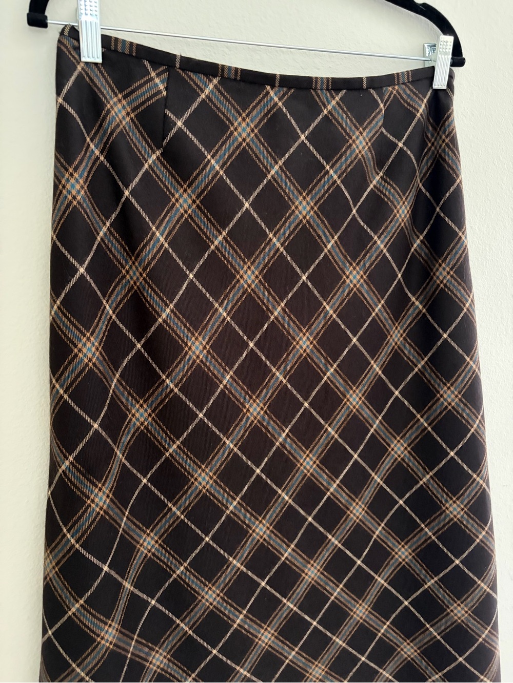Vintage Dana Buchman Chocolate Brown 100% Wool Plaid A-Line Maxi Skirt Hong Kong - Picture 2 of 9